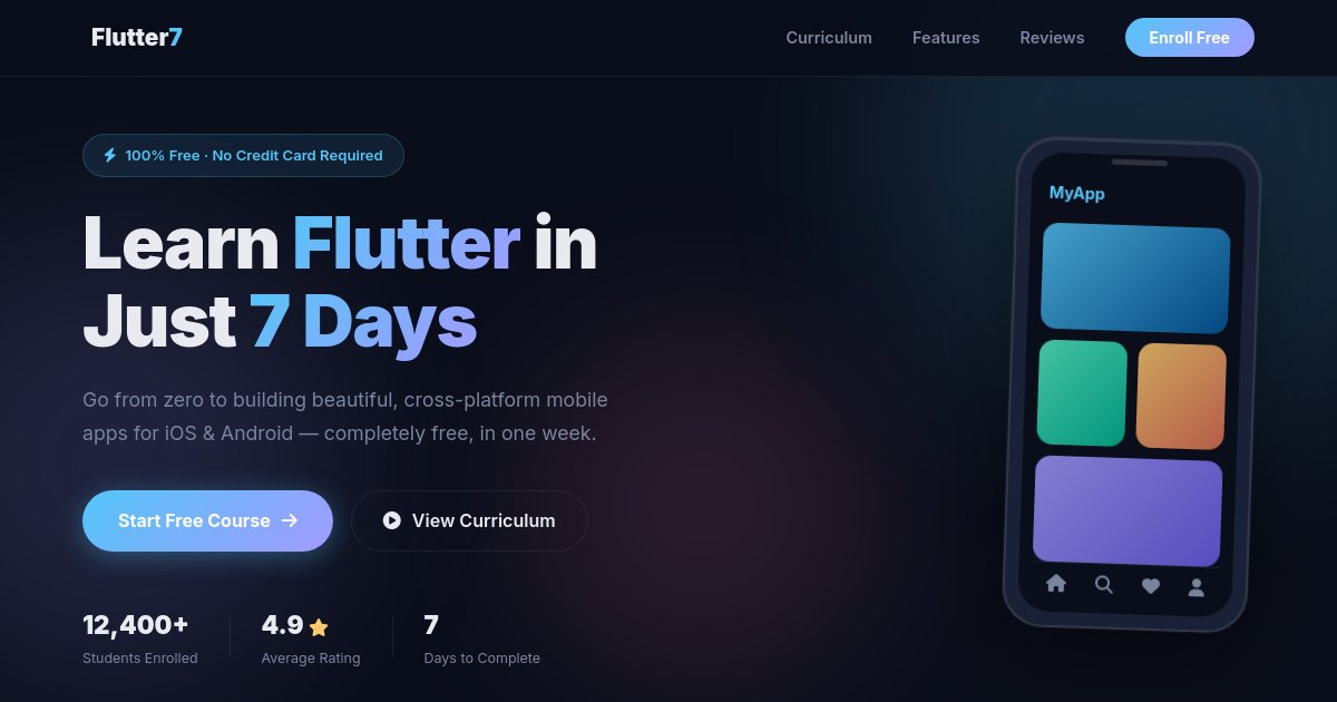 Preview of make a landing page about learning flutter in 7 days free course