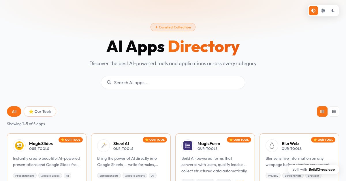 Preview of make me a site which is list grid of apps ai apps