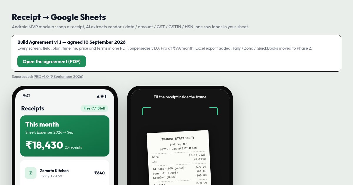 Preview of Receipt to Sheets – Mockup + PRD (Jayaram)