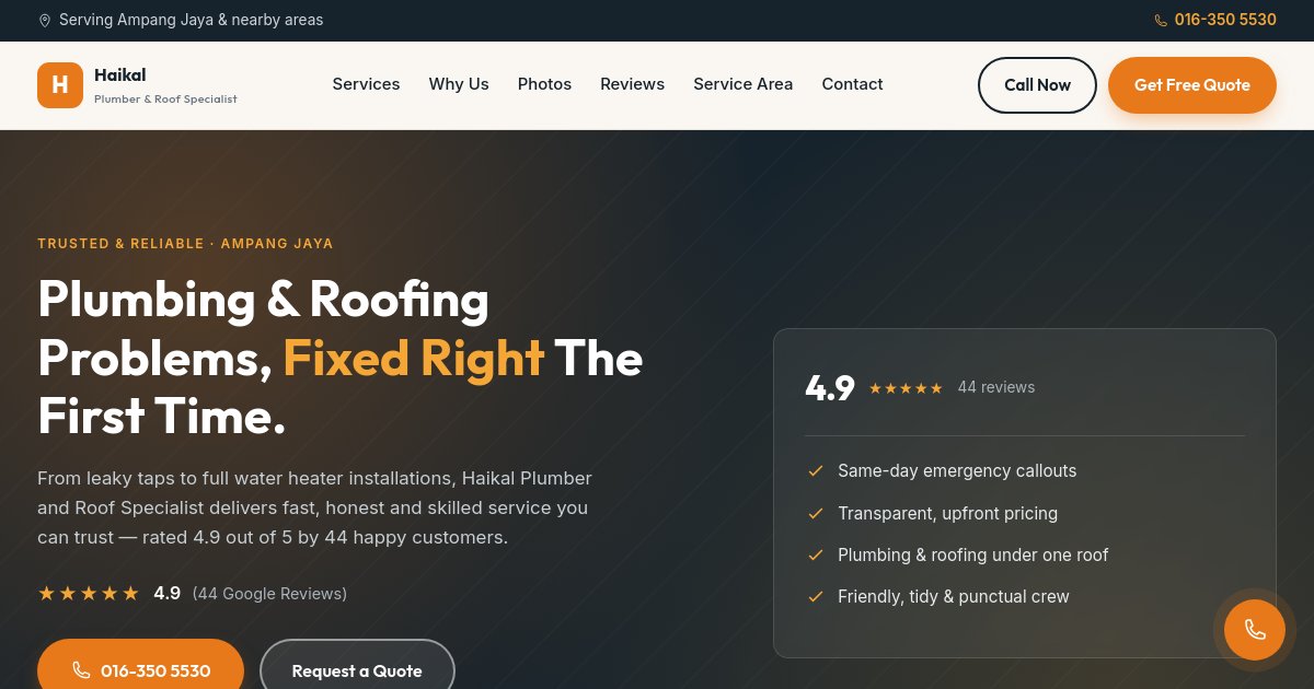 Preview of I am making a website for local business. Here is the info: HAIKAL PLUMBER AND R