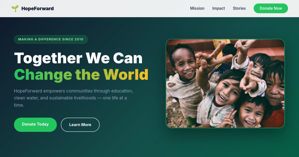 Preview of A profit site with mission, impact stats, and a donate button